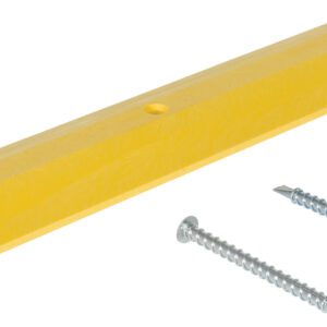 The Vestil Speed Bump HD Asphalt Hardware 48X10X2 includes a yellow plastic wedge with three pre-drilled holes and comes with three metal screws, perfectly aligned parallel to its smooth surface and angled edges, designed for securing on asphalt surfaces.
