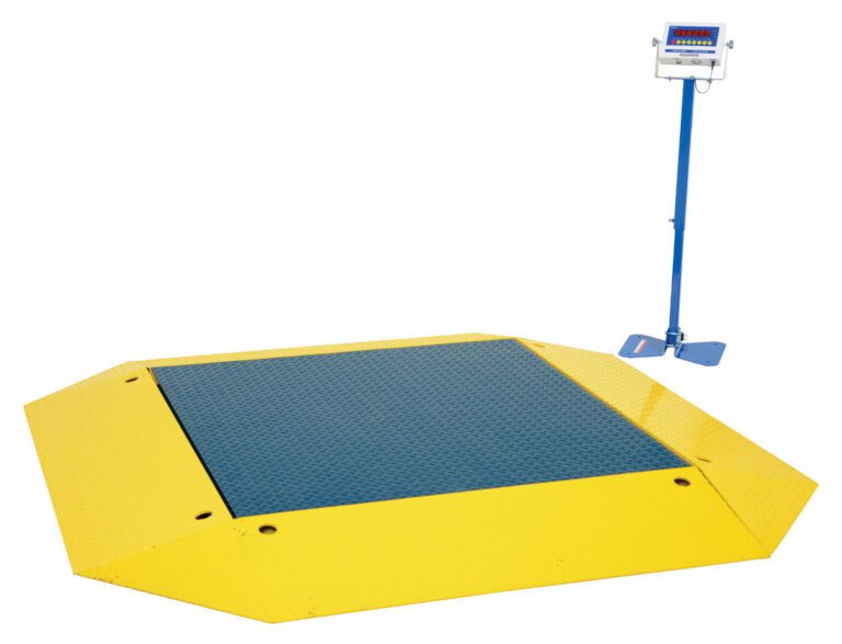 The Vestil Low Profile Scale 5000 Capacity is a yellow industrial weighing platform with a textured blue surface and a digital display unit on a nearby blue upright stand for easy reading.
