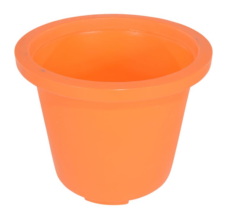 The Vestil Drum Containment Container in orange, resembling an orange plastic flower pot, has a wide, flared rim and smooth surface. It stands empty against a plain white background, showcasing its sleek simplicity.
