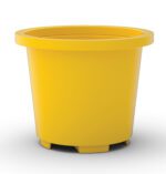 Resembling a Vestil Drum Containment Container - Yellow, this bright yellow flower pot has a smooth texture and cylindrical form with tapered sides. It features a wide rim on a solid base with small drainage notches, set against a simple white backdrop.