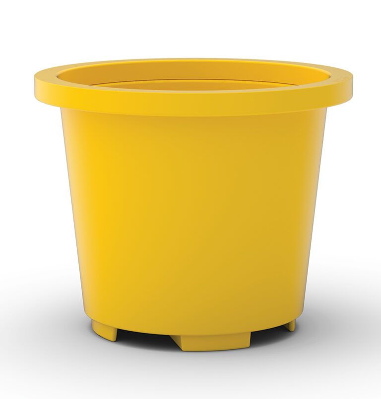 Resembling a Vestil Drum Containment Container - Yellow, this bright yellow flower pot has a smooth texture and cylindrical form with tapered sides. It features a wide rim on a solid base with small drainage notches, set against a simple white backdrop.