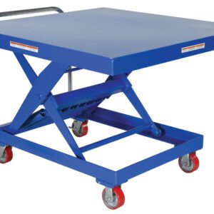 The Vestil Steel Auto-Hite Cart W/ 2000 Lb 48 X 48 is a blue hydraulic scissor lift table on four red wheels, equipped with a flat top platform and metal handle for maneuvering heavy items efficiently, designed to lift and move up to 2000 lbs with an adjustable height mechanism.