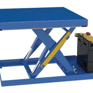 The Vestil Scissor Lift Table 42X42, with a 2000 lb capacity and 12DC power, features a blue hydraulic design. It also has a yellow support bar, black control unit with a red emergency stop button on the right, and is partially extended.