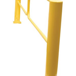 The Vestil Swivel Dock Gate Pair for a 10 ft door, shown from an angled view, features a yellow metal safety barrier with a sturdy base and two vertical posts connected by a horizontal rail, perfect for industrial and safety applications.