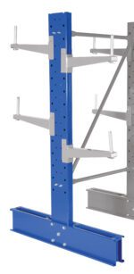 The Vestil Std Cantilever Dbl Upright 6Ft 36Arm rack has a blue frame with perforated holes and four adjustable 36-inch gray arms per side. Its durable base is designed for heavy-duty storage, making it perfect for efficient organization.