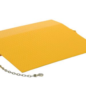 The Vestil Steel Truck Dockplate 3090 Lb 48 X 48 features a yellow textured surface, secure attachment chains on both sides, and a slightly propped design revealing its underside and sturdy chains.