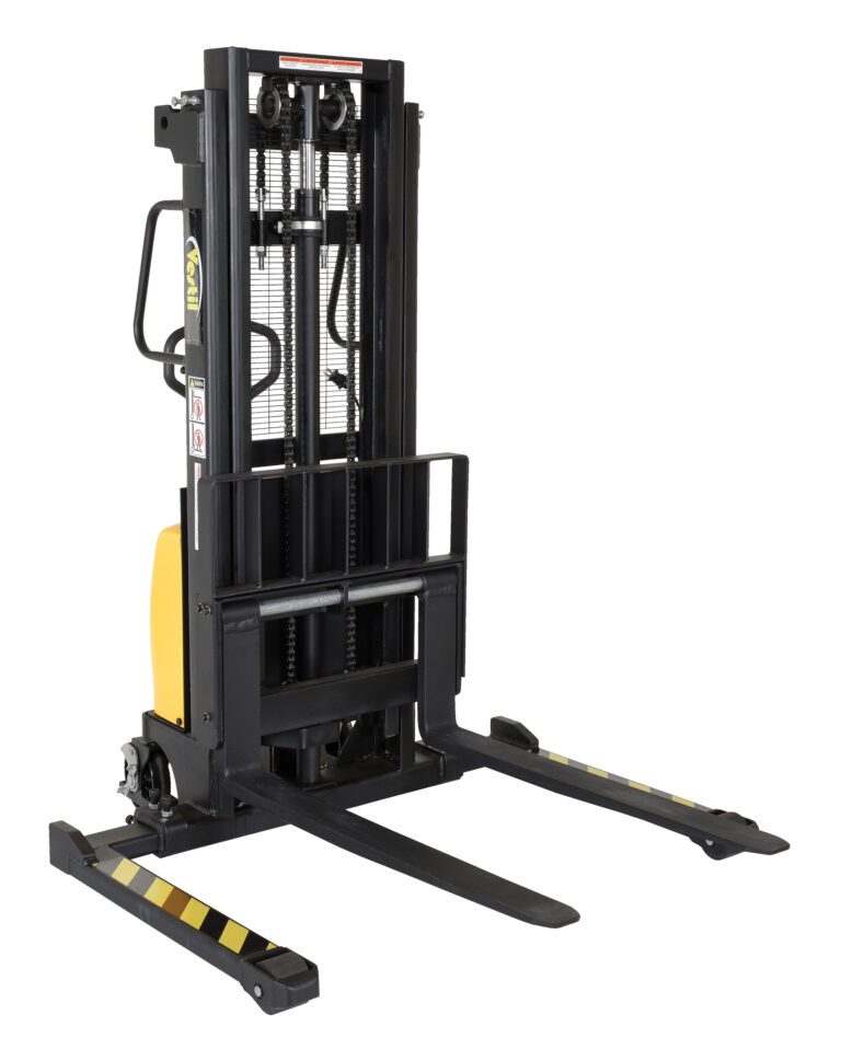 The Vestil Hand Pump/DC Stacker 98 In Adj Fork/Leg, with black and yellow components, features a robust lifting mechanism and adjustable forks and legs for efficient pallet handling, all presented against a plain white background.