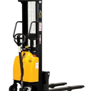 The Vestil Hand Pump/Dc Stacker 98 In Fix Fork/Leg has a yellow and black design, steering handle, two pronged forks, and a 98-inch lifting mast. It includes control levers and safety labels for secure use.
