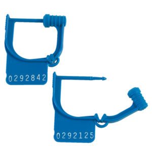 The MH-USA Blue Easy Lock Seals (1000/Case) feature serrated closures, unique numbers 0292842 and 0292125, and a pointed locking mechanism for secure use.