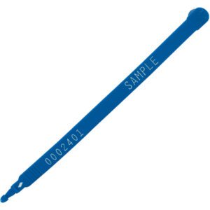 A MH-USA 7 1/2 Blue Plastic Truck Seal labeled SAMPLE and 0002401, features a pointed end with a rounded tip for secure locking.
