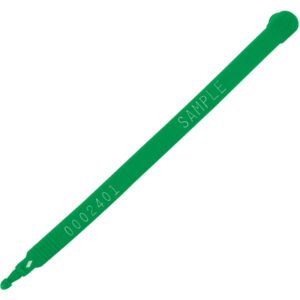 The MH-USA 7 1/2 Green Plastic Truck Seal, featuring SAMPLE and 0002401, is designed with a long, narrow body and pointed end for easy insertion. These seals ensure transportation security and come in cases of 100.