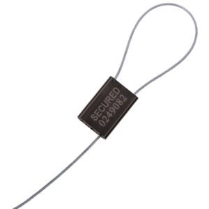 Close-up of a MH-USA 1/16 x 12 black cable seal, marked SECURED with serial 0249082. Its looped end and flexible metallic cable ensure reliable security and identification for locked items. Sold in cases of 100.