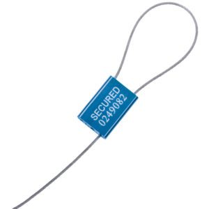 The blue MH-USA 1/16 x 12 cable seal, marked SECURED with number 0249082, is ideal for securing containers or goods. Sold in cases of 100.