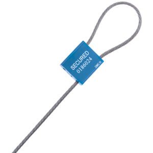 The MH-USA 1/8 x 12 Cable Seals in blue are looped silver cables with a metal tag marked SECURED 018024 and DIN C.H., suggesting use as security seals. Each case contains 50 reliable seals.