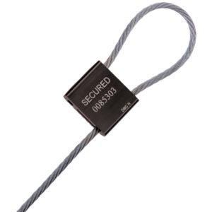 Close-up of a black MH-USA 3/16 x 12 Cable Seal, lock engraved with SECURED and serial number 0085303. The flexible metal cable forms a secure loop. Available in cases of 50 for enhanced protection.