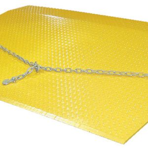 The Vestil Steel Truck Dockplate 8800 Lb 48 X 30, with its bright yellow color and textured surface, features a central chain. Measuring 48 x 30 inches, it can handle up to 8800 lbs and is ideal for bridging dock-to-truck gaps.