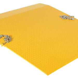 The Vestil Steel Truck Dockplate, with a 5500 lb capacity and 60 x 60 dimensions, is a reliable yellow bridge for loading. It features a textured surface and two chains for secure attachment, ensuring smooth movement of goods over small gaps.
