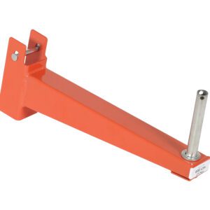The Vestil Standard Cantilever Incline Arm 18 In boasts an 18-inch height with a sturdy orange steel wall mount bracket, cylindrical metal pin for support, and a rectangular base with holes for secure fastening.