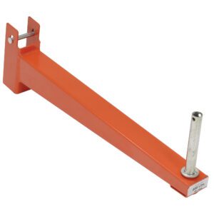 The Vestil Standard Cantilever Incline Arm 30 In is an orange, L-shaped metal bracket with a vertical cylindrical support on one end and a hole-equipped mounting plate on the other, ideal for heavy-duty support or mounting.