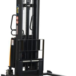 The Vestil Adjustable Stacker W/Powered Lift 118 In features a bold black and yellow design with dual lifting forks, a protective metal frame, and operational controls, along with essential safety warning stickers for secure handling.