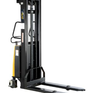 The Vestil Fixed Stacker W/Powered Lift 118 In is a black and yellow stacker with twin forward forks, a vertical mast, and hand-operated controls, ideal for lifting and moving pallets in warehouses or storage areas.