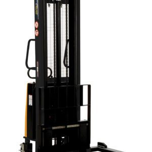 The Vestil Adjustable Stacker W/Powered Lift 137 In has a black hydraulic forklift stacker with a vertical lift, two-pronged forks at the base, and safety warnings on the side, displayed freestanding against a white background.