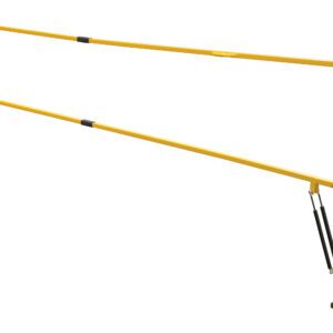 The yellow Vestil Safety Lift Gate 120 In is a collapsible safety railing with two horizontal bars, a hinged attachment point, rubber base pads on each vertical post, black rubber grips, and spring mechanisms at the joints for reliable functionality.