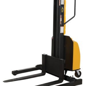The Vestil Stacker, with a narrow mast and adjustable 118 forks, is painted in vibrant yellow and black. Its designed for efficient pallet lifting and maneuverability in industrial settings.