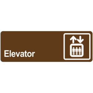 The MH-USA Door Sign - Elevator, in brown, shows white text and icons, with Elevator on the left and an elevator icon with three people and up/down arrows on the right.