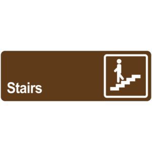 A brown MH-USA Door Sign - Stairs shows a white icon of a person on stairs inside a right-side square, with Stairs printed to the left.