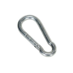 The Vestil Bollard Option - Snap Hook is a sleek metal carabiner with a spring-loaded gate and silver finish, shown open against a clean white background. Ideal for climbing or easily securing your gear.