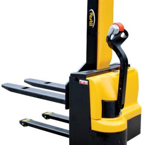 The yellow and black Vestil Stacker electric pallet jack, named the Vestil Stacker Pwr Lift/Dr 21 Frk 43In 3000 Lb, features a handle and dual prongs ideal for lifting palletized loads in warehouses or factories. The brand label partially appears on the side, showcasing its sturdy 3000 lb capacity.