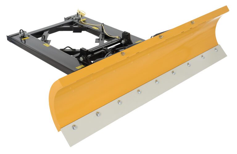 SPB-756_A.jpg The Vestil Snow Plow Blade, designed for a max fork width of 7 ft 7.5 in, features a yellow blade on a black metal frame with visible hydraulics and wiring. Its wide, slightly curved structure is optimized for clearing snow and looks new and unused.