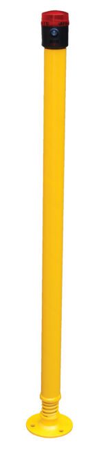 The 42-inch Vestil Spring-Loaded Bollard Beeper/Strobe features a yellow cylinder with a red light in black housing on its base, perfect for industrial or construction use.