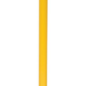 The Vestil Spring-Loaded Steel Bollard 42 In Height has a flat base for secure mounting, with a yellow body and black diagonal stripes for high visibility, ideal for efficient traffic direction and structure protection.