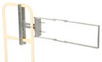 The Vestil Galvanized Self-Closing Gate 24 To 40 In features a metallic frame on a rectangular bracket with a hinged mechanism, an adjustable arm or support extending from 24 to 40 inches, and is attached to a vertical rod.