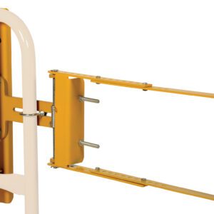 A yellow metal adjustable bracket, similar to the Vestil Yellow Self-Closing Gate 24 To 40 In, is mounted on a white pole. It features multiple screw holes and a rectangular frame extending outward, designed for secure support or mounting of objects.
