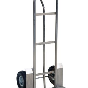 The Vestil Ss P Handle Truck-600Lb Pneumatic Wheels boasts a silver metal frame, curved handle, and durable pneumatic wheels. Its flat base is perfect for transporting heavy items, making it ideal for moving boxes or furniture effortlessly with its sturdy design.