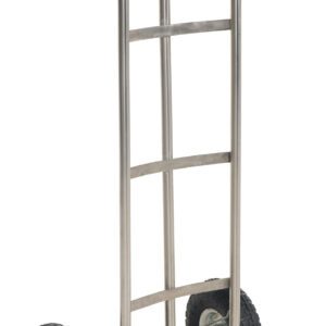 The Vestil Ss P-Handle Truck 500Lb Pneumatic Wheels is a silver metal hand truck with two large pneumatic rubber wheels, featuring a vertical frame with horizontal supports and a flat loading base, effortlessly supporting up to 500 lbs.