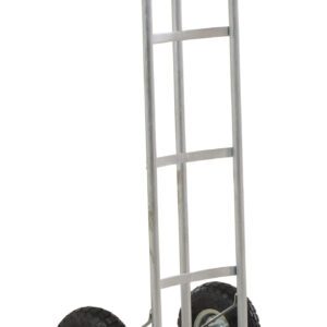 The Vestil Steel P-Handle Truck 500 Lb Pneumatic has a utilitarian design with two black rubber wheels, a vertical handle, and a flat loading base. Its durable and perfect for heavy items with its robust build that can transport up to 500 lbs using pneumatic tires.