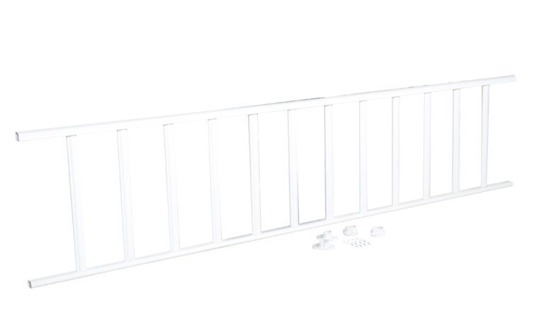 The Vestil White Semi-Permanent Barrier/Railing features vertical bars on a plain backdrop and includes accessories like brackets and screws for semi-permanent installation.
