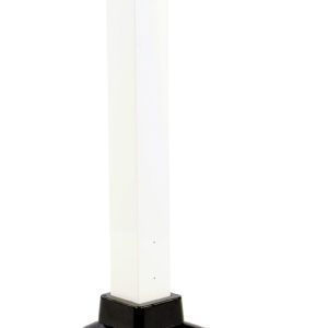 The Vestil White Semi-Permanent Barrier - Post is a tall, slim white square post with a stylish black base, ideal for parking or signage. It includes bolts for installation and is built to be securely anchored to the ground.