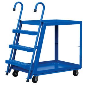 The Vestil Stock Picker 2 Shelf 22 X 36 Poly/Steel features a blue cart with three steps, handrails for support, and a top platform for carrying items. Its four wheels enhance mobility.