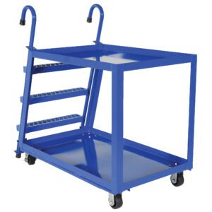 The Vestil Stock Picker 2 Shelf 28 X 48 Mold/Rubber cart features a robust blue metal frame with four wheels for easy mobility, hooks and angled slots on one side, and an open flat surface below—perfect for mold or rubber storage.