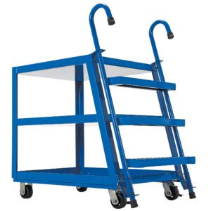 The Vestil Stock Picker 3 Shelf 22 X 36 Poly/Steel cart, with its three-tiered design, includes attached steps, four swivel casters for easy mobility, and rubber handles on top, making it a versatile choice for various tasks.