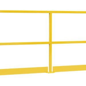 The Vestil Safety Handrail W/ Toeboard 108 In features a yellow railing with three horizontal bars, two vertical supports, and a solid bottom section for enhanced stability and security in any workspace.