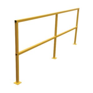The Vestil Safety Handrail No Toeboard 108 is a yellow metal safety guardrail with two horizontal bars and three vertical posts, each resting on flat square bases, designed for stability in industrial or commercial environments.