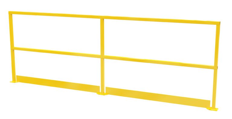 The Vestil Safety Handrail W/ Toeboard 120, pictured on a white background, features three horizontal bars and two base plates for stability, ensuring reliable safety across various environments.