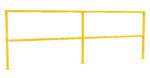 The Vestil Safety Handrail No Toeboard 120 is a yellow metal safety barrier with three horizontal beams and two vertical supports, each with a flat rectangular base plate for secure installation against a white background.
