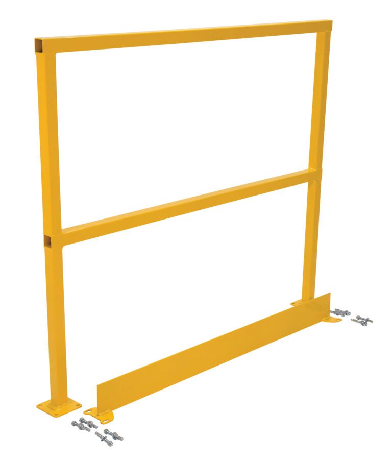 The Vestil Safety Handrail W/Hardware & Toeboard 48 is a freestanding yellow guardrail with a rectangular frame, horizontal mid-rail, and bottom toe board. It includes bolts and nuts for secure assembly or ground attachment.